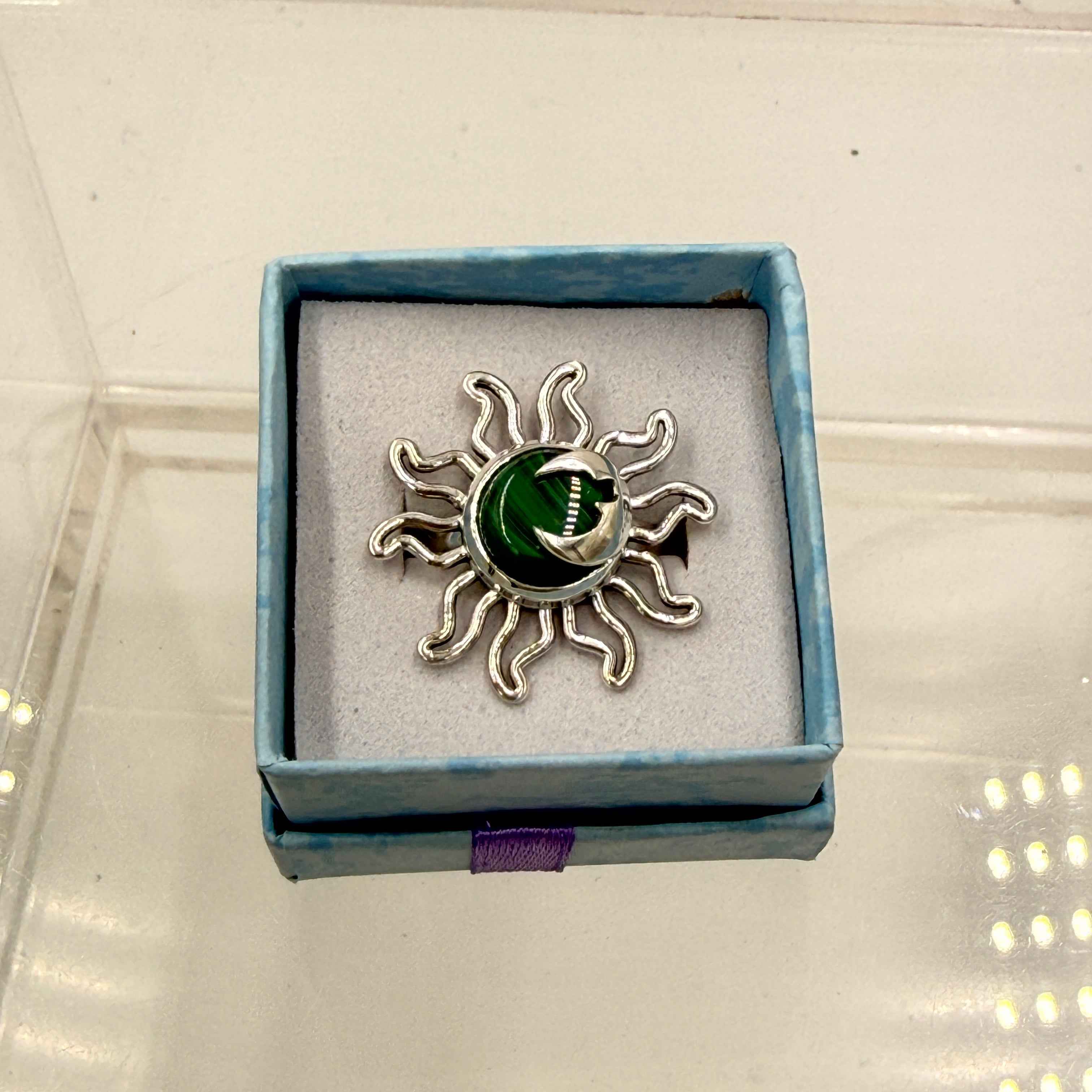 Sterling Silver Sun & Moon Malachite Ring - Size 8  - Transformative, Protective & Empowering