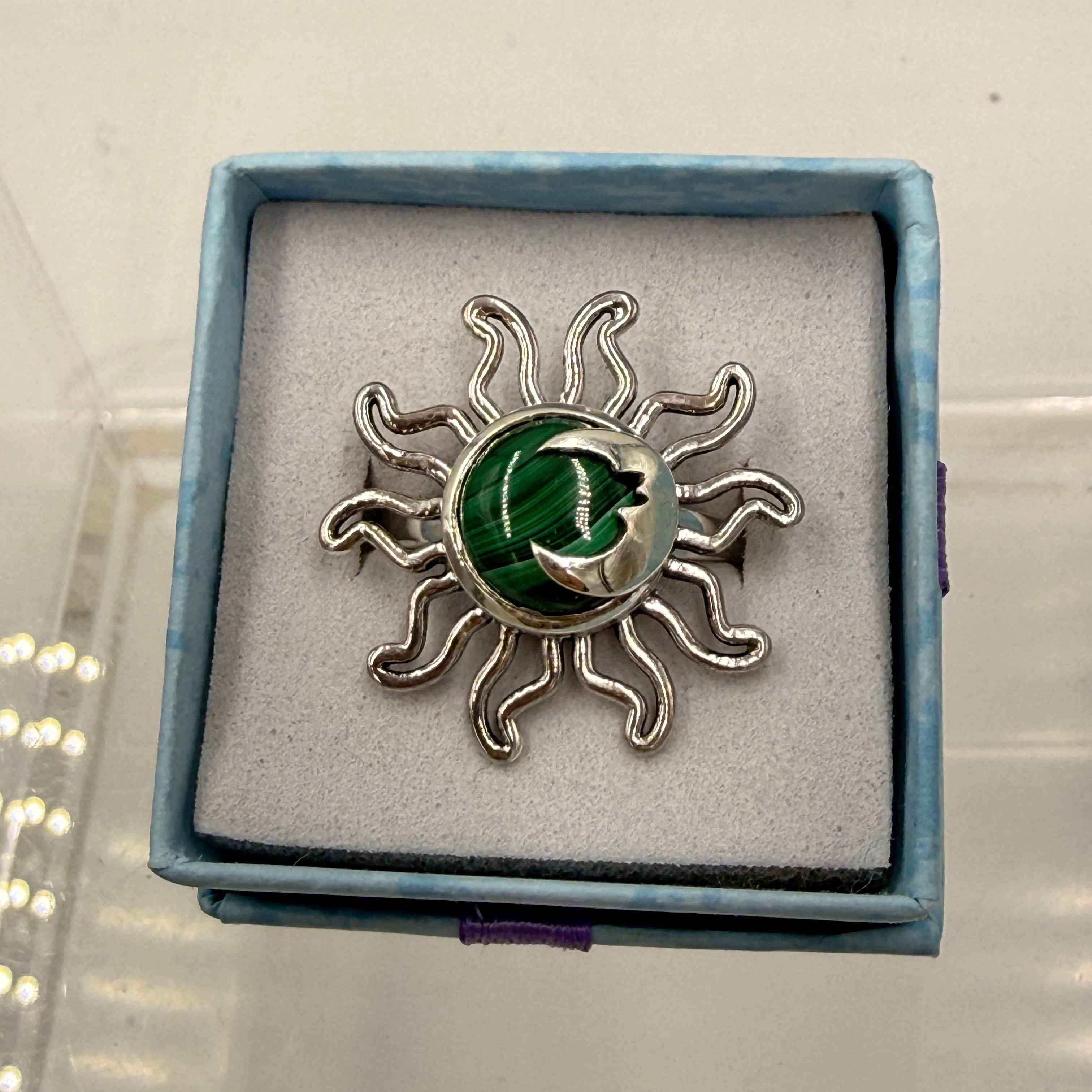 Sterling Silver Sun & Moon Malachite Ring - Size 9 -Transformative, Protective & Empowering