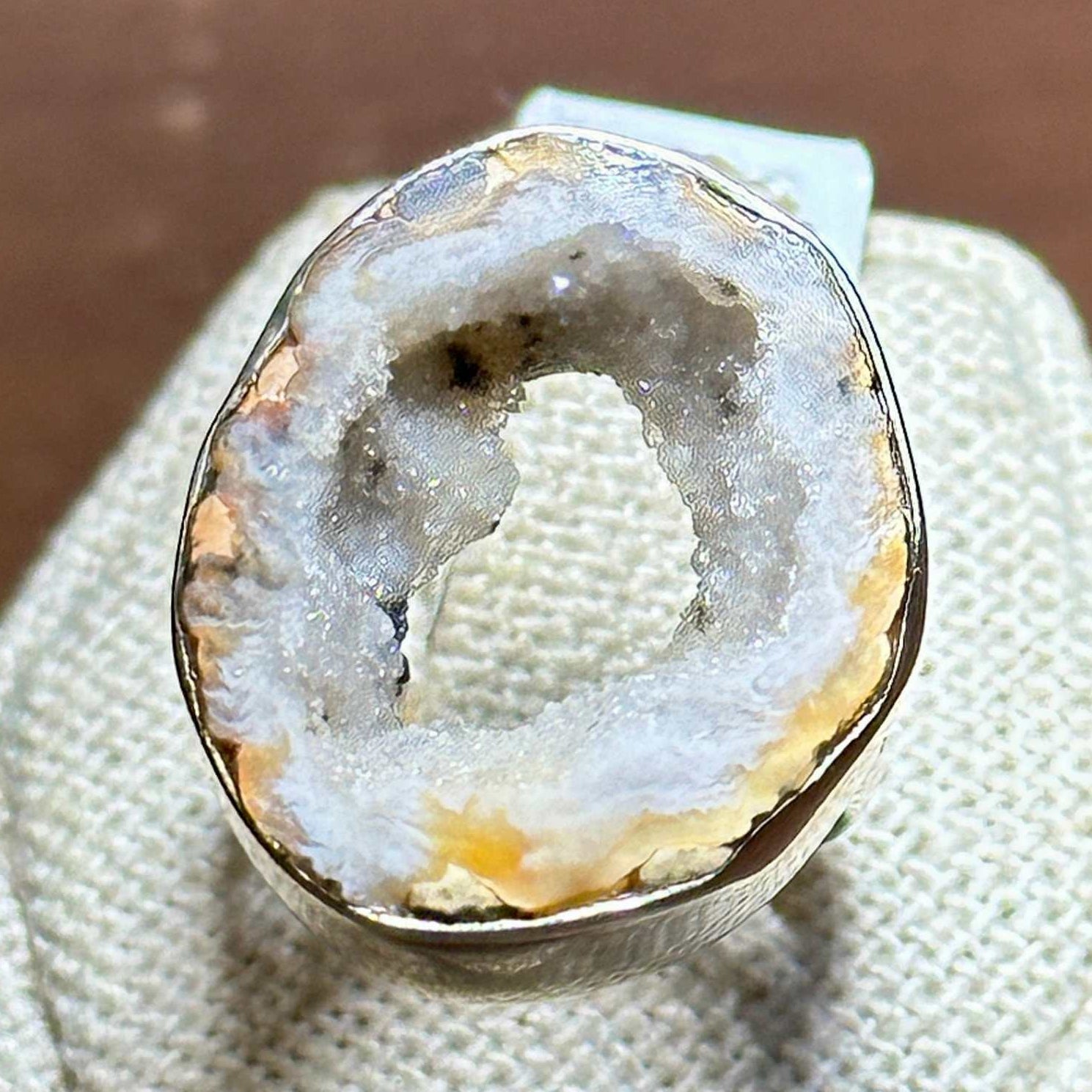 Honey Gray Agate Geode Slice Ring – Sterling Silver – Size 7