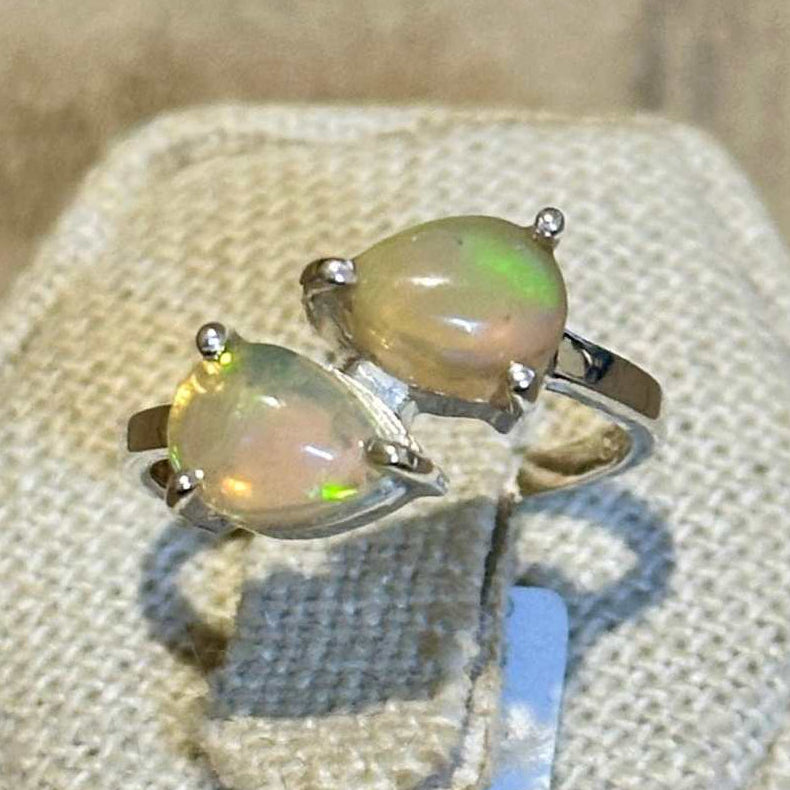 Ethiopian Opal Twin-Pear Bypass Ring – Sterling Silver – Size 7