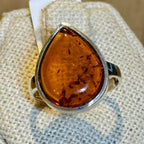 Natural Amber Teardrop Ring – Sterling Silver – Sizes 6, 7, 8, 9