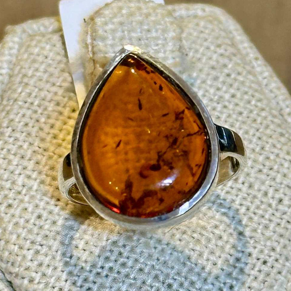 Natural Amber Teardrop Ring – Sterling Silver – Sizes 6, 7, 8, 9