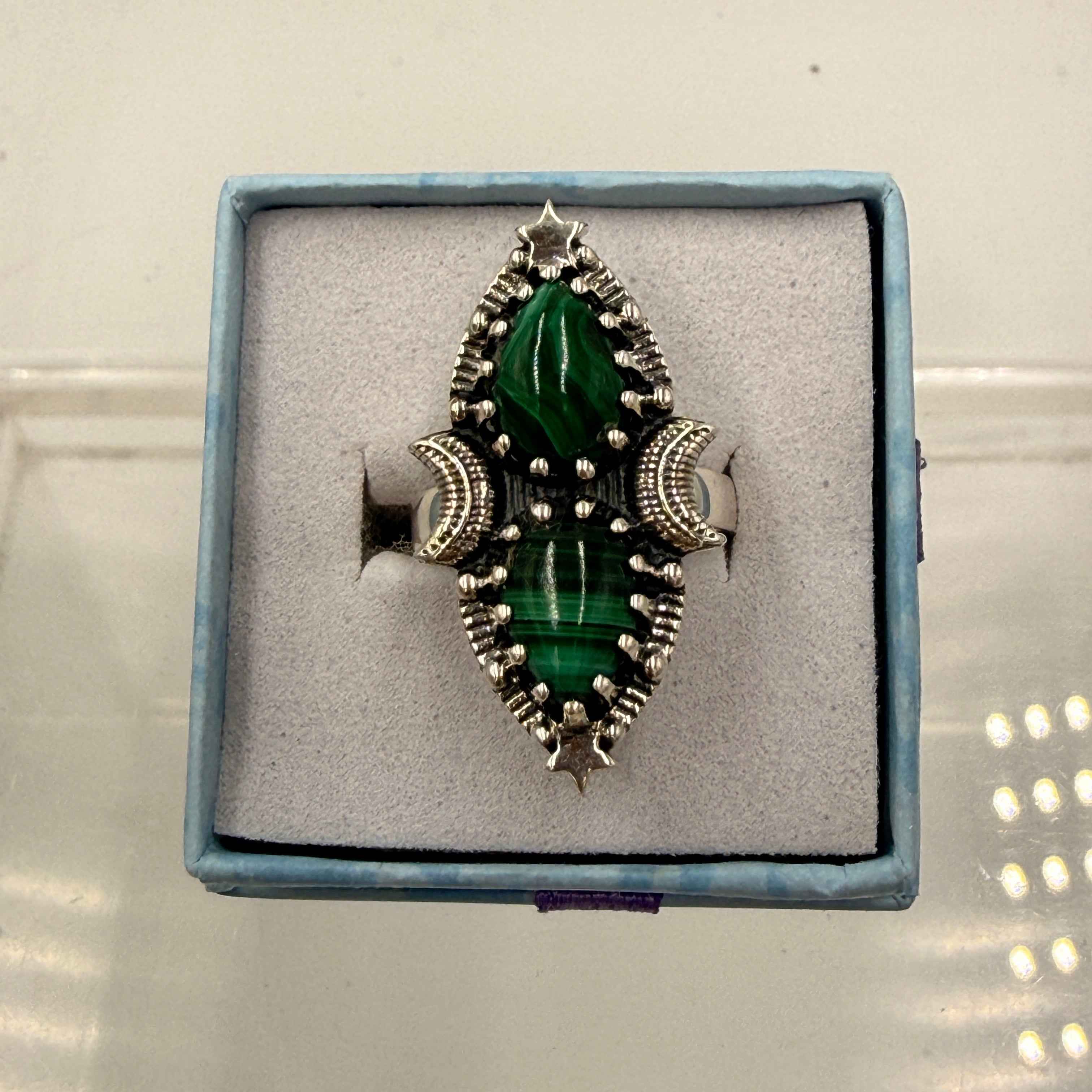 Sterling Silver Double Teardrop Celestial Malachite Ring - Size 5 - Transformative, Protective & Empowering