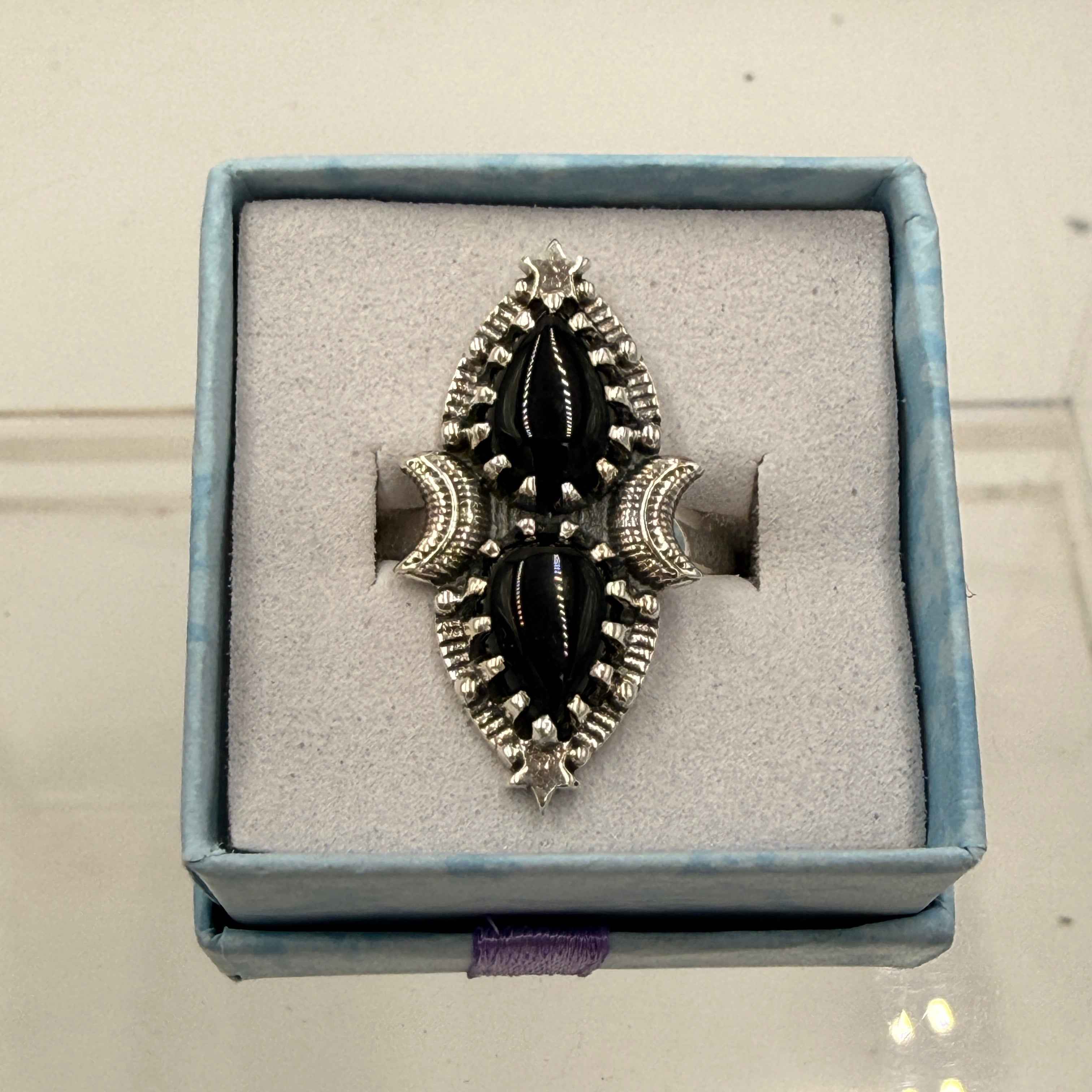 Sterling Silver Double Teardrop Celestial Black Onyx Ring - Size 9 - Protective, Grounding & Stabilizing
