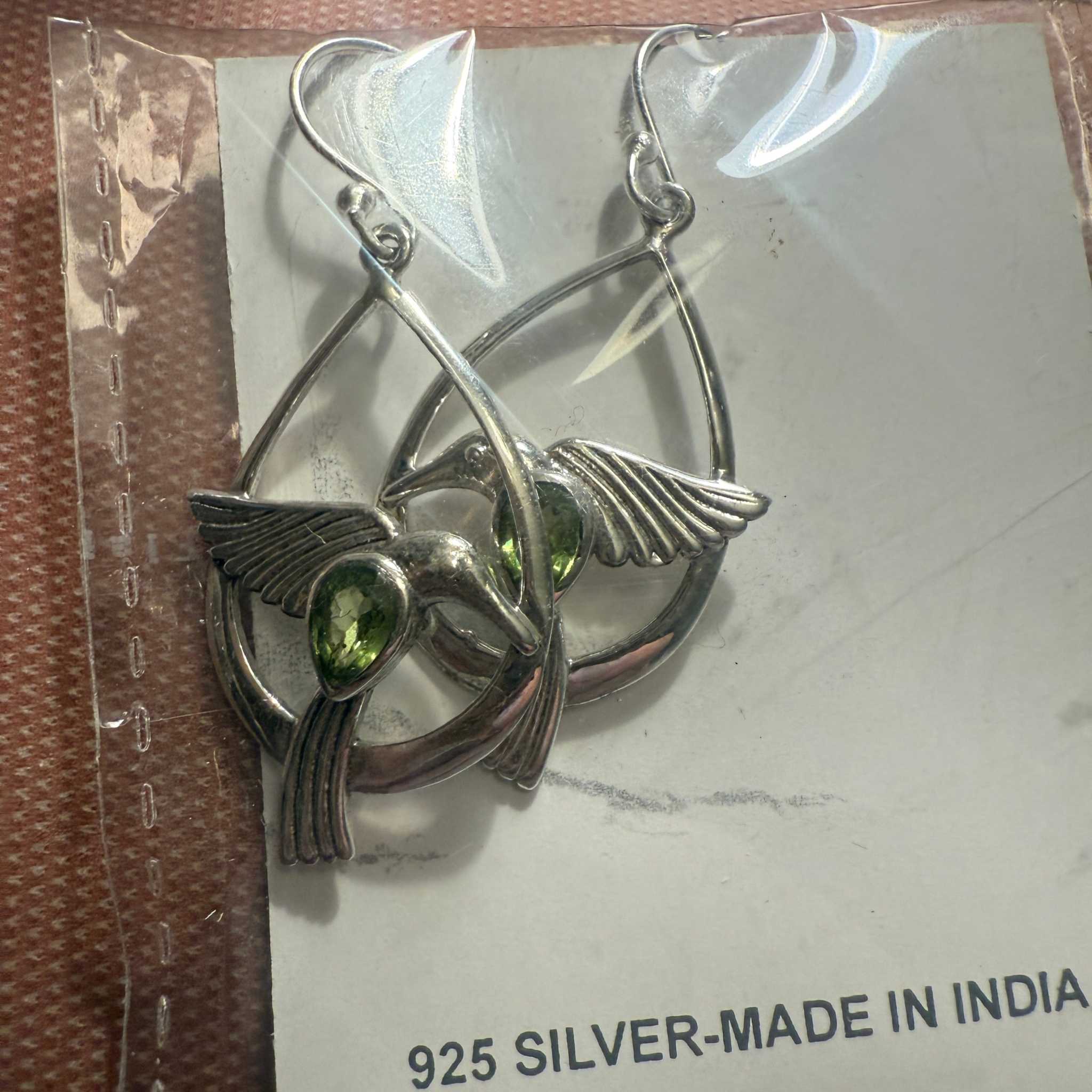 Hummingbird Gemstone Earrings in Sterling Silver — Peridot & Garnet