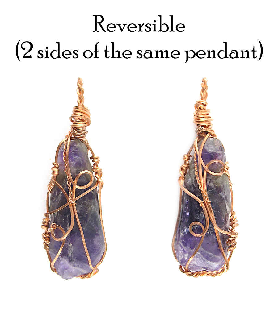 Raw Dark Purple Amethyst Crystal Reversible Pendant Necklace, Copper Wire-Wrapped, Handmade