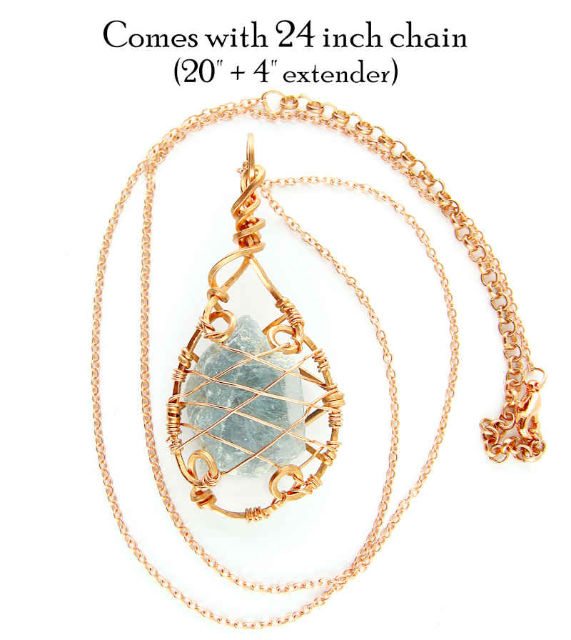 Raw Blue Celestite Crystal Teardrop Pendant Necklace, Copper Wire-Wrapped, Handmade