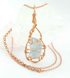 Raw Blue Celestite Crystal Teardrop Pendant Necklace, Copper Wire-Wrapped, Handmade