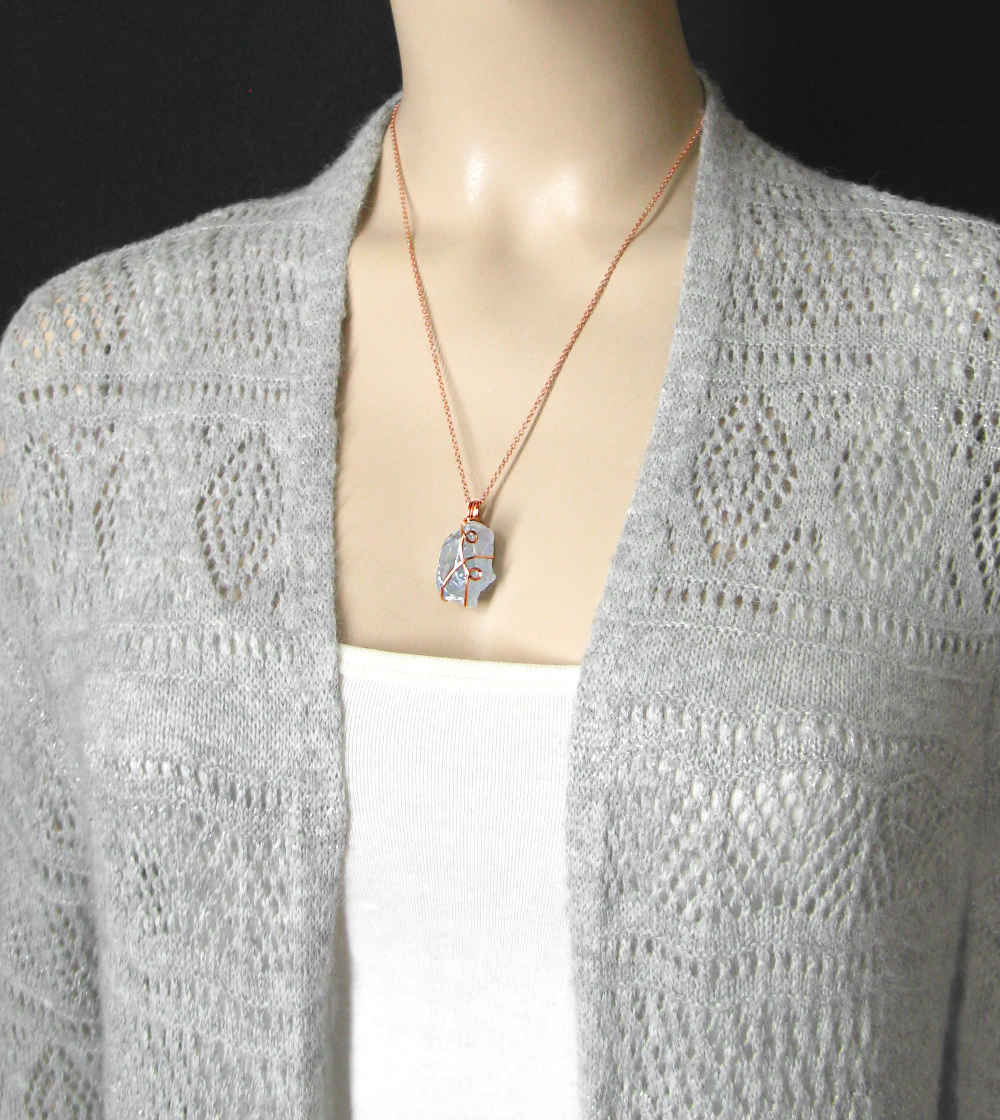 Celestite Crystal Wire-Wrapped Pendant in Copper, Sky-Blue Gemstone Necklace, Handmade