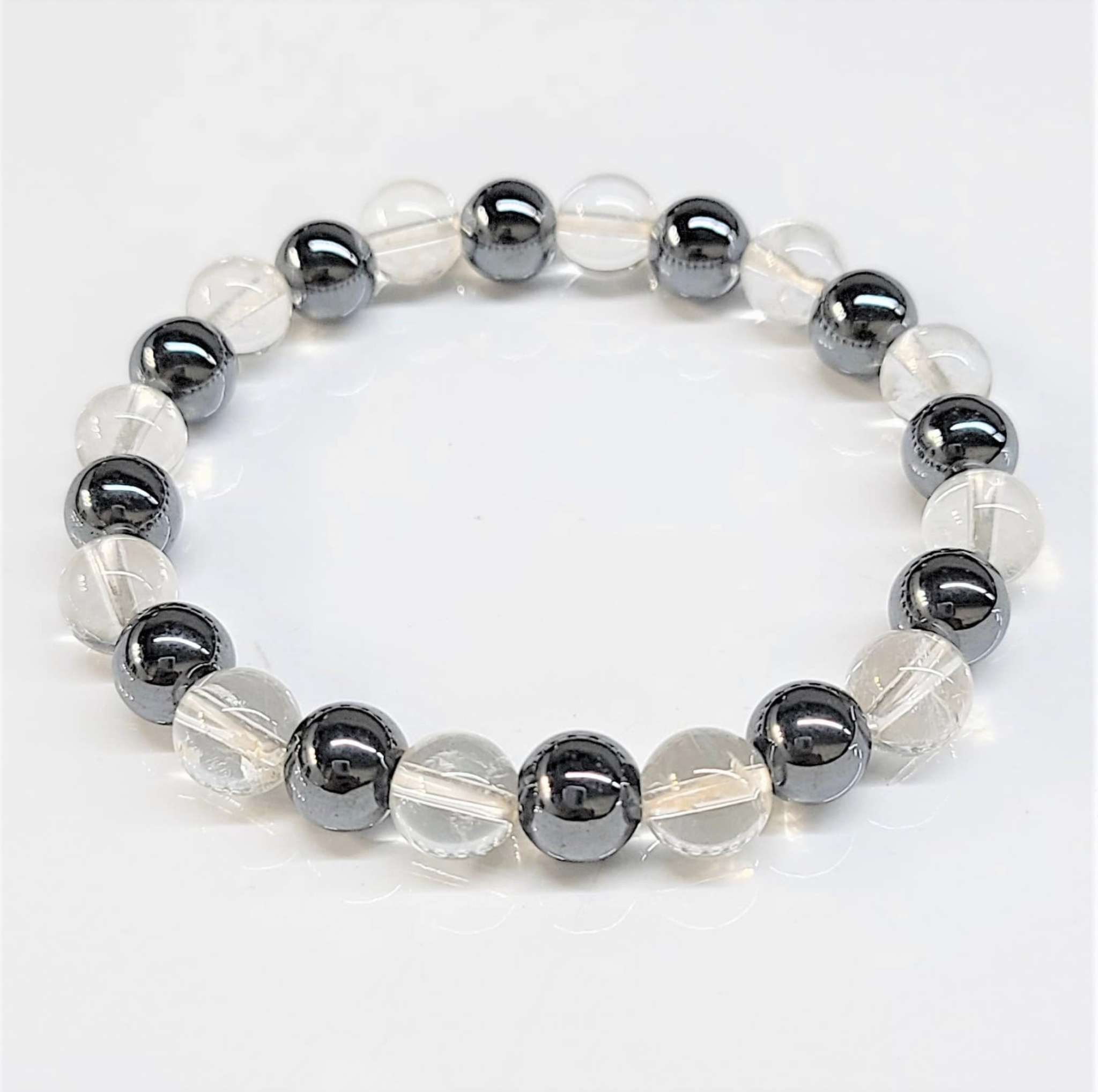Clear Quartz & Hematite Round Bead Bracelet 8mm