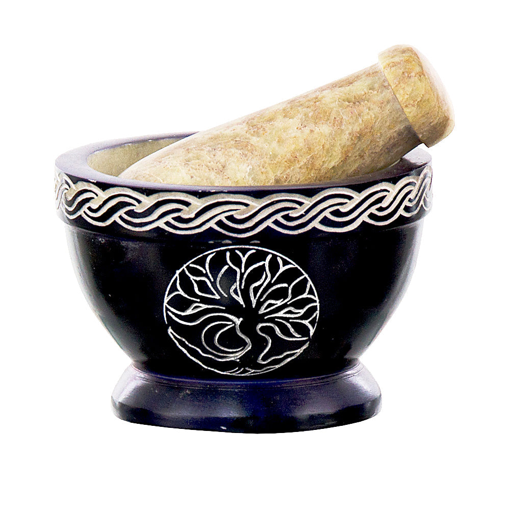 Soapstone Mortar & Pestle Tree of Life Blue