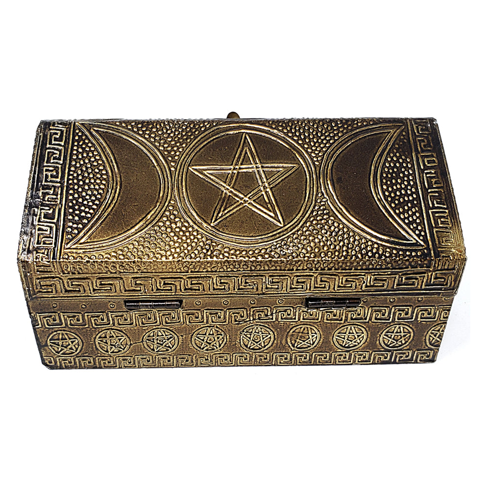 Triple Moon Pentagram Carved Metal over Wood Box