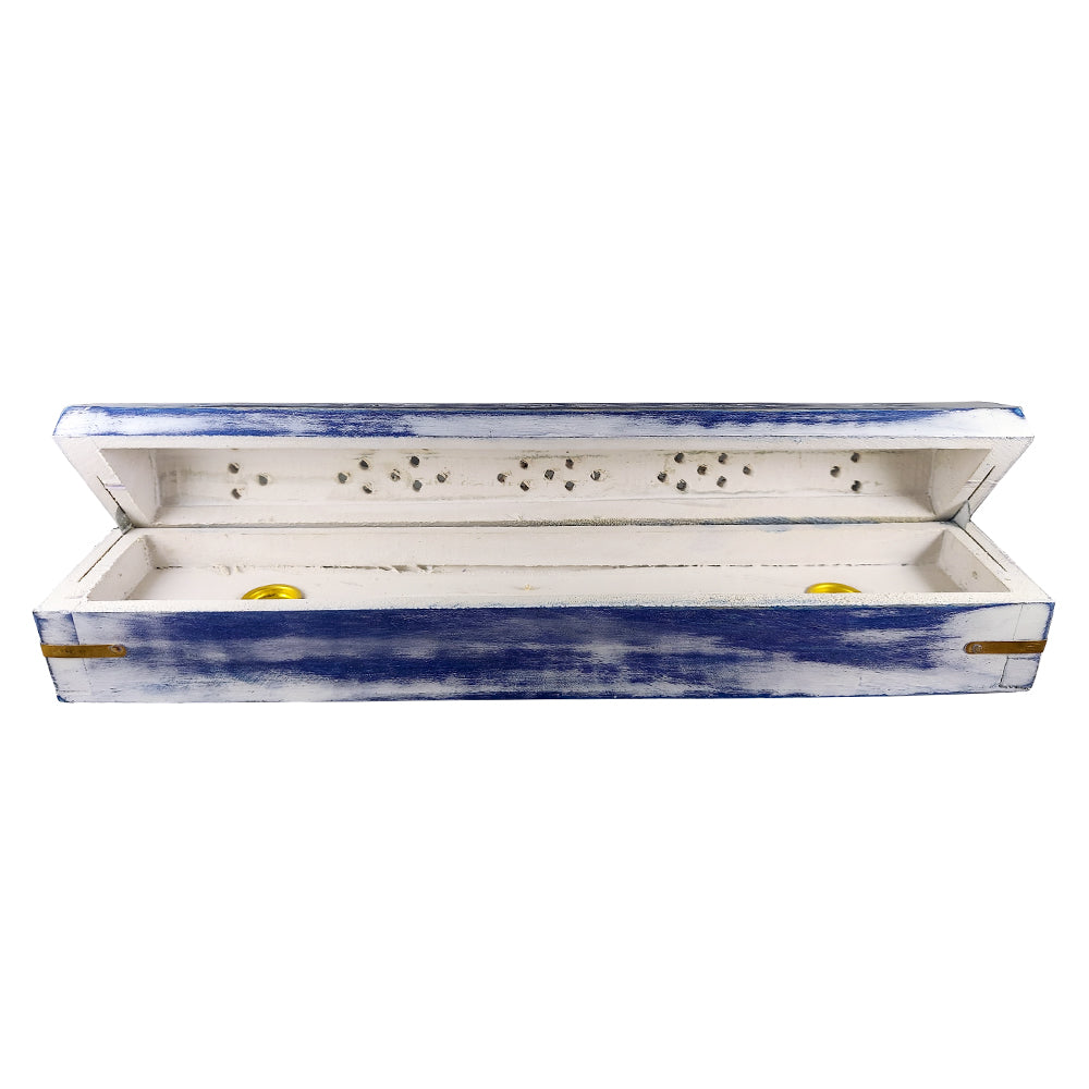 White Wash Wood Incense Box Burner (Blue)