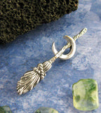 Broomstick with Crescent Moon Pendant, Handmade - 925 Sterling Silver