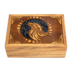Velvet Lined Laser Etched Wooden Box - Wolf w/ Black Onyx Inlay