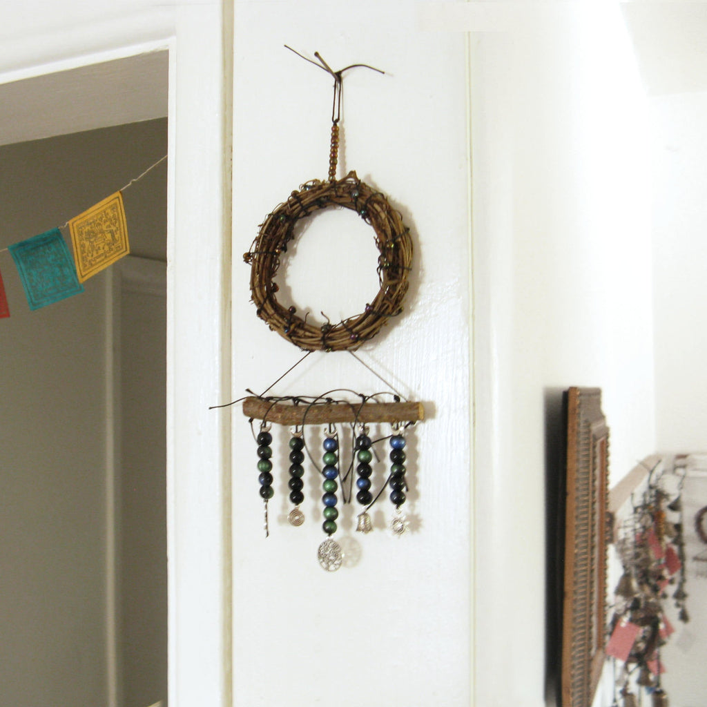 Wreath Wall Hanging: Tree of Life, Twig, Charms, Glass Beads - Handcrafted
