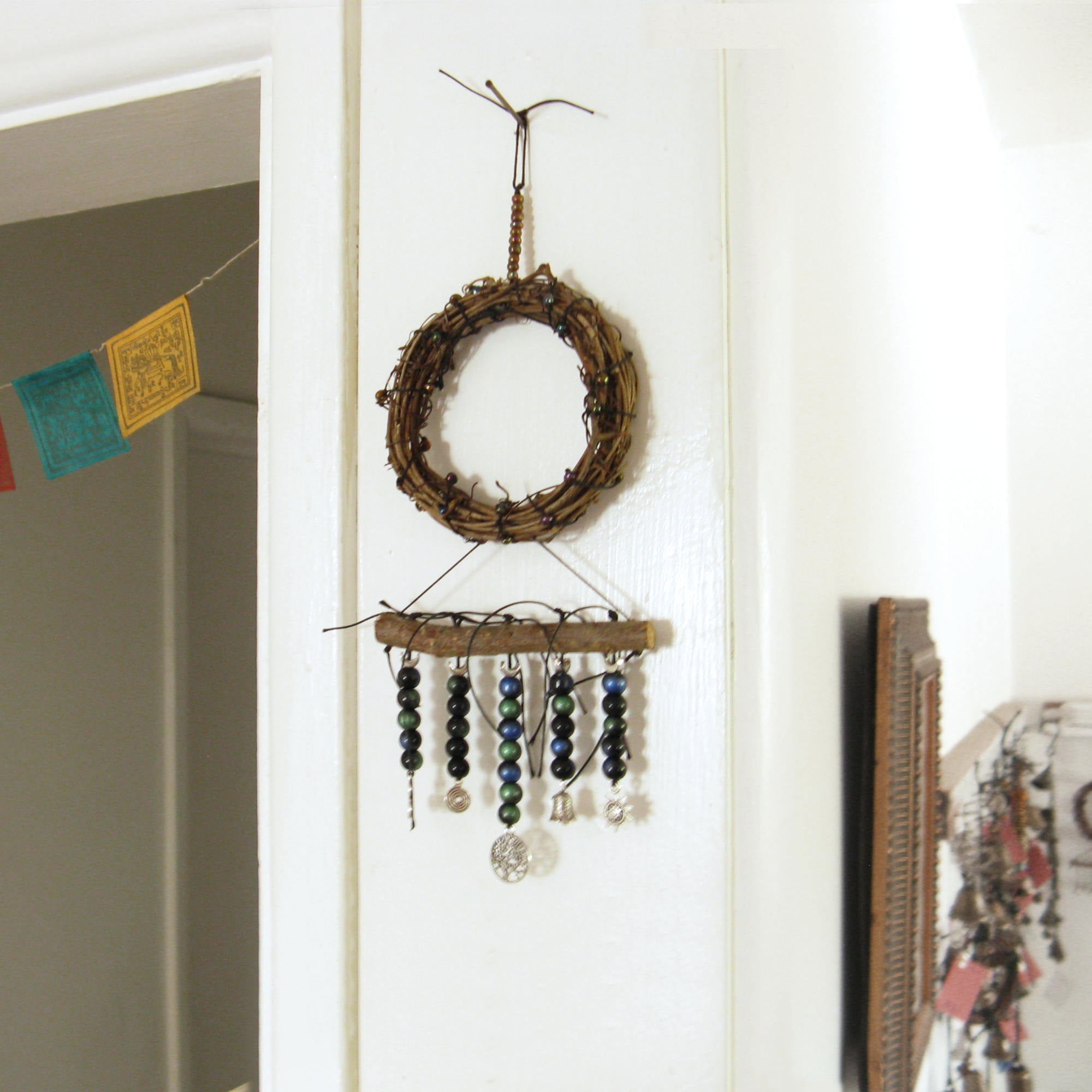 Wreath Wall Hanging: Tree of Life, Twig, Charms, Glass Beads - Handcrafted