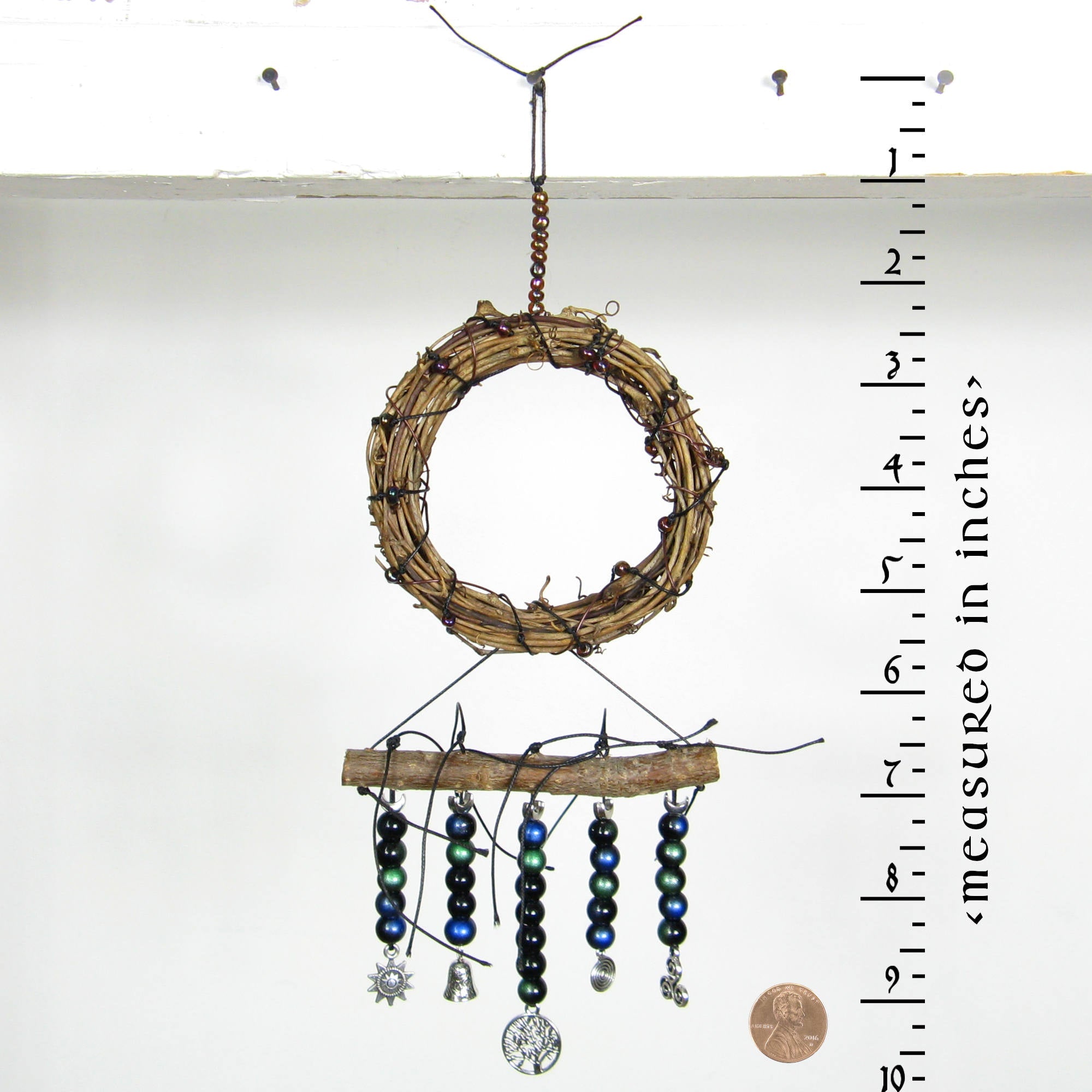 Wreath Wall Hanging: Tree of Life, Twig, Charms, Glass Beads - Handcrafted