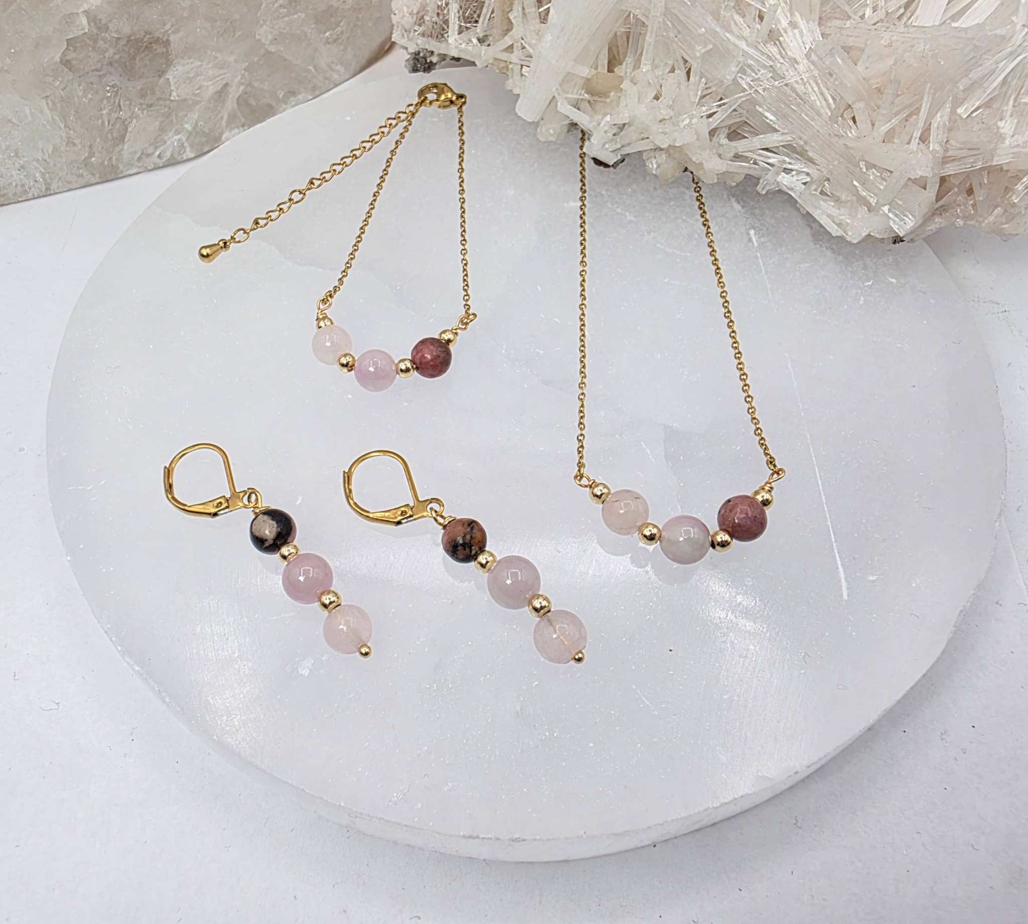 I AM ENOUGH -Kunzite, Rose Quartz, Rhodonite Gem Jewelry Set