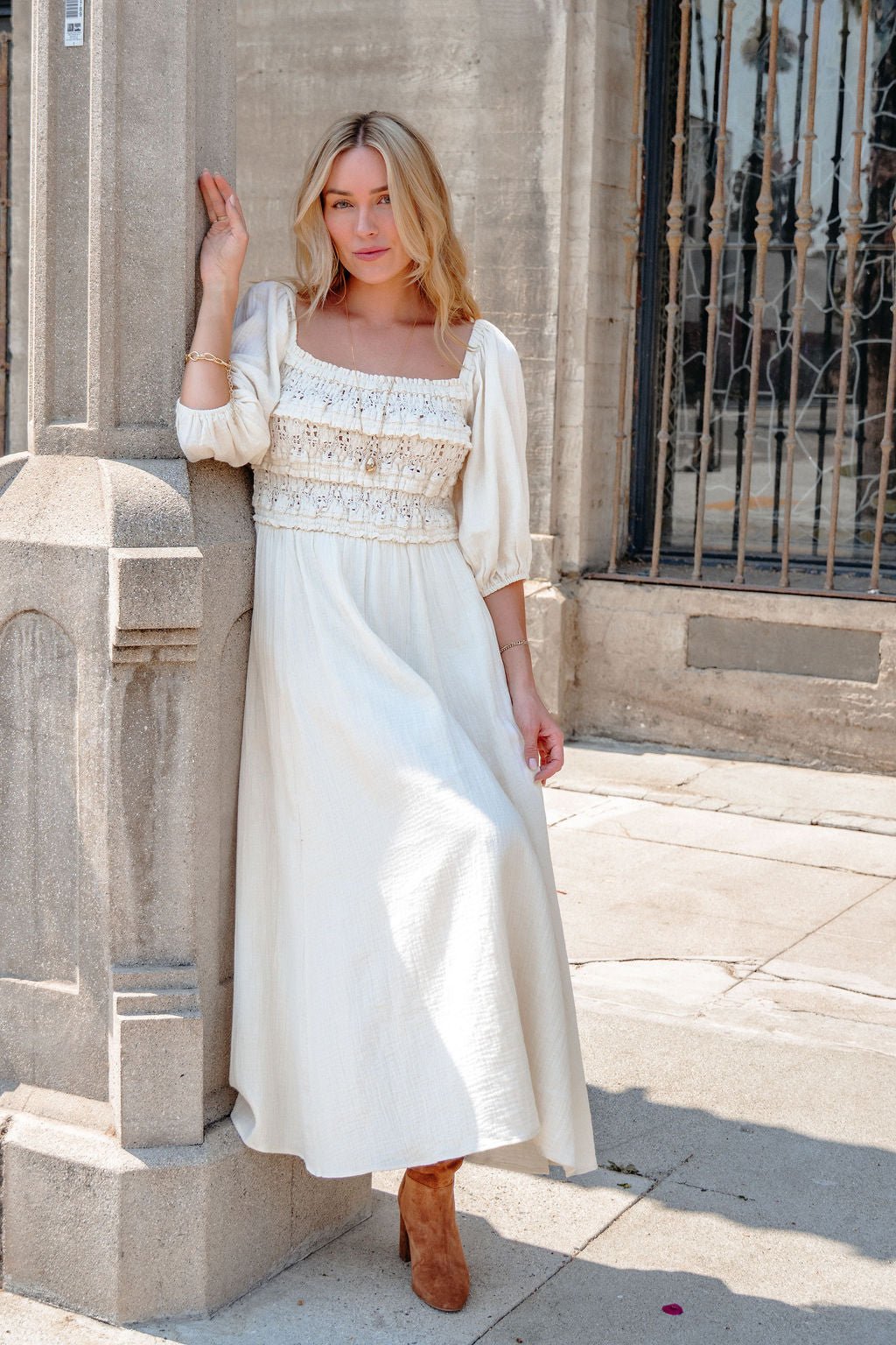 Angelica Natural Ruched Midi Dress