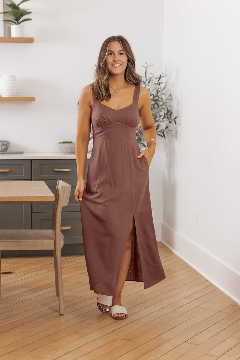 Brown V Neck Linen Midi Dress