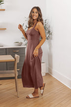 Brown V Neck Linen Midi Dress
