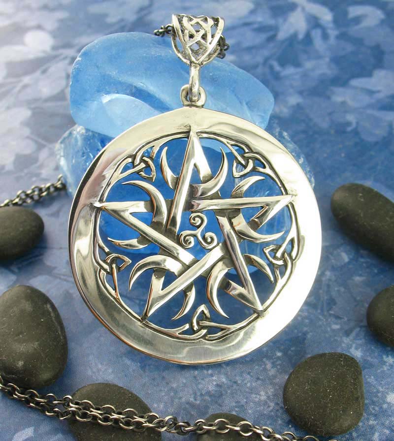 Large 1.5" Five Crescent Moons Celtic Pentacle Pendant, Engravable, Handmade
