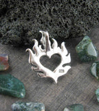 Flaming Heart Pendant, Handmade - 925 Sterling Silver