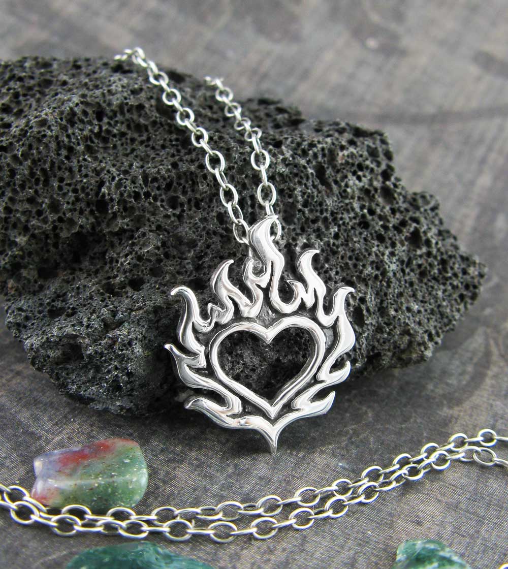 Flaming Heart Pendant, Handmade - 925 Sterling Silver