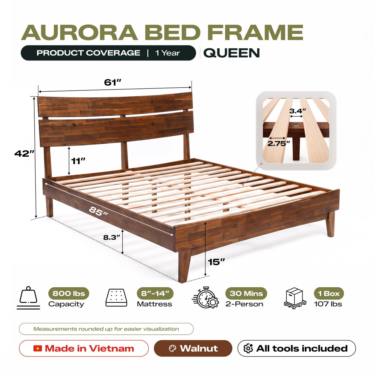 Aurora Solid Wood Bed Frame
