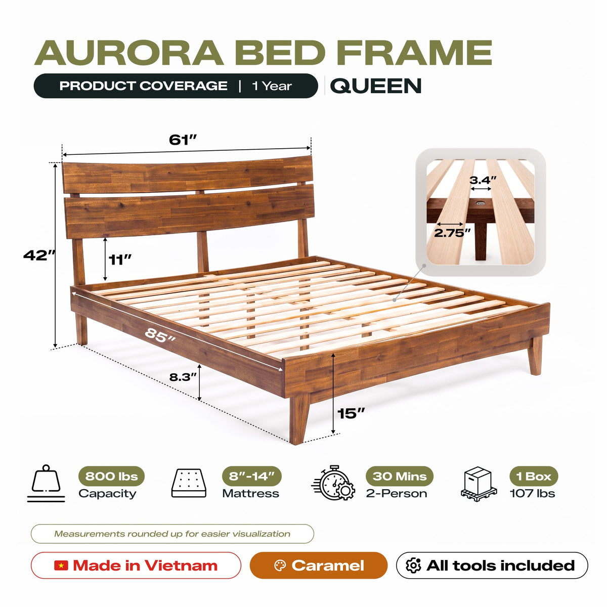 Aurora Solid Wood Bed Frame
