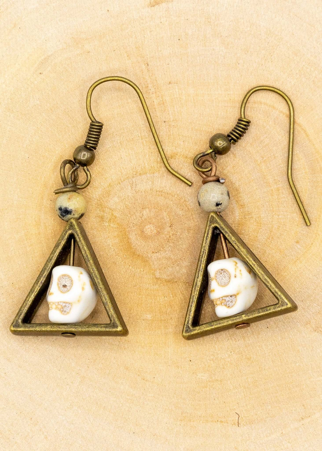 Hand Carved Skull Patinated Brass Earrings