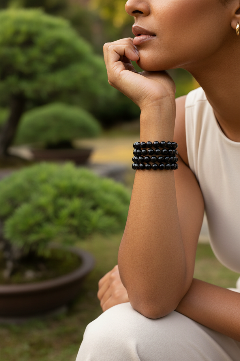 Black Obsidian Round Bead Bracelet