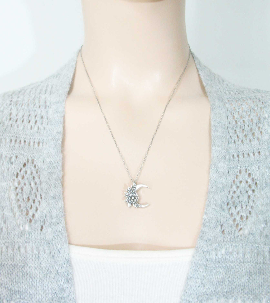 Mystical Floral Crescent Moon Pendant, Handmade