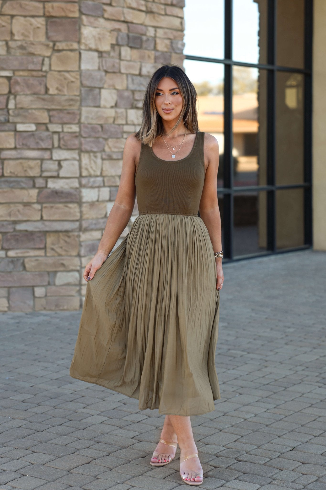 Olive Scoop Neck Pleated Tank Midi Dress