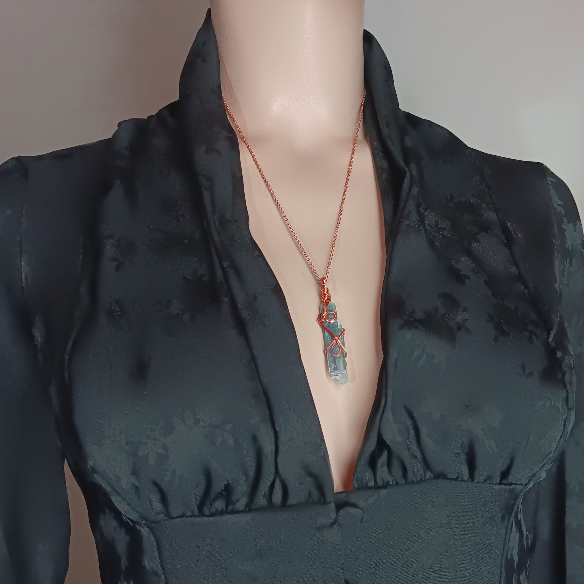 Raw Blue Kyanite Crystal Pendant Necklace w/ 2 Swirls, Copper Wire-Wrapped, Handmade
