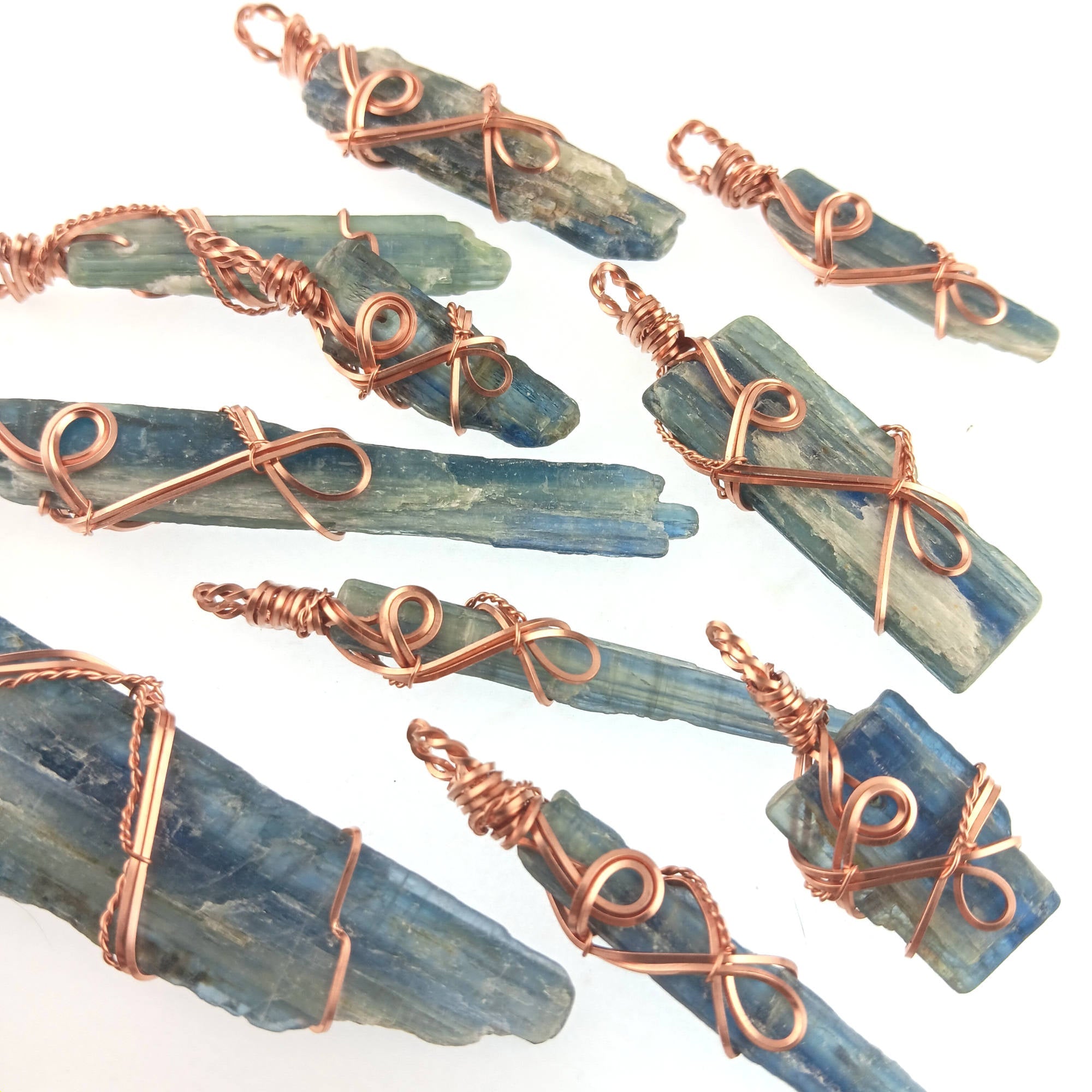 Raw Blue Kyanite Crystal Pendant Necklace w/ 2 Swirls, Copper Wire-Wrapped, Handmade