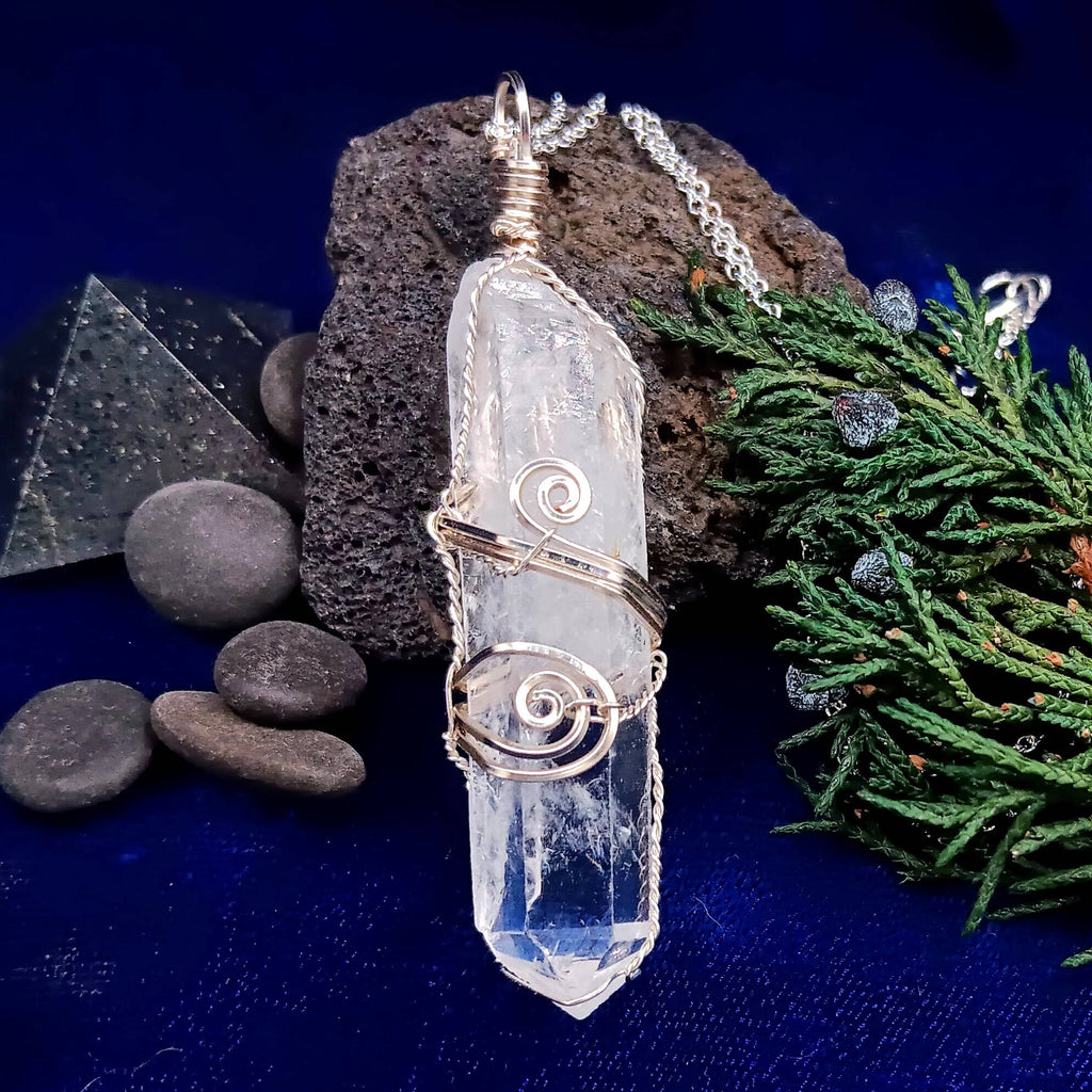 Raw Quartz Crystal Point Pendant – Silver-Plated Wire Wrapped Necklace, Handmade