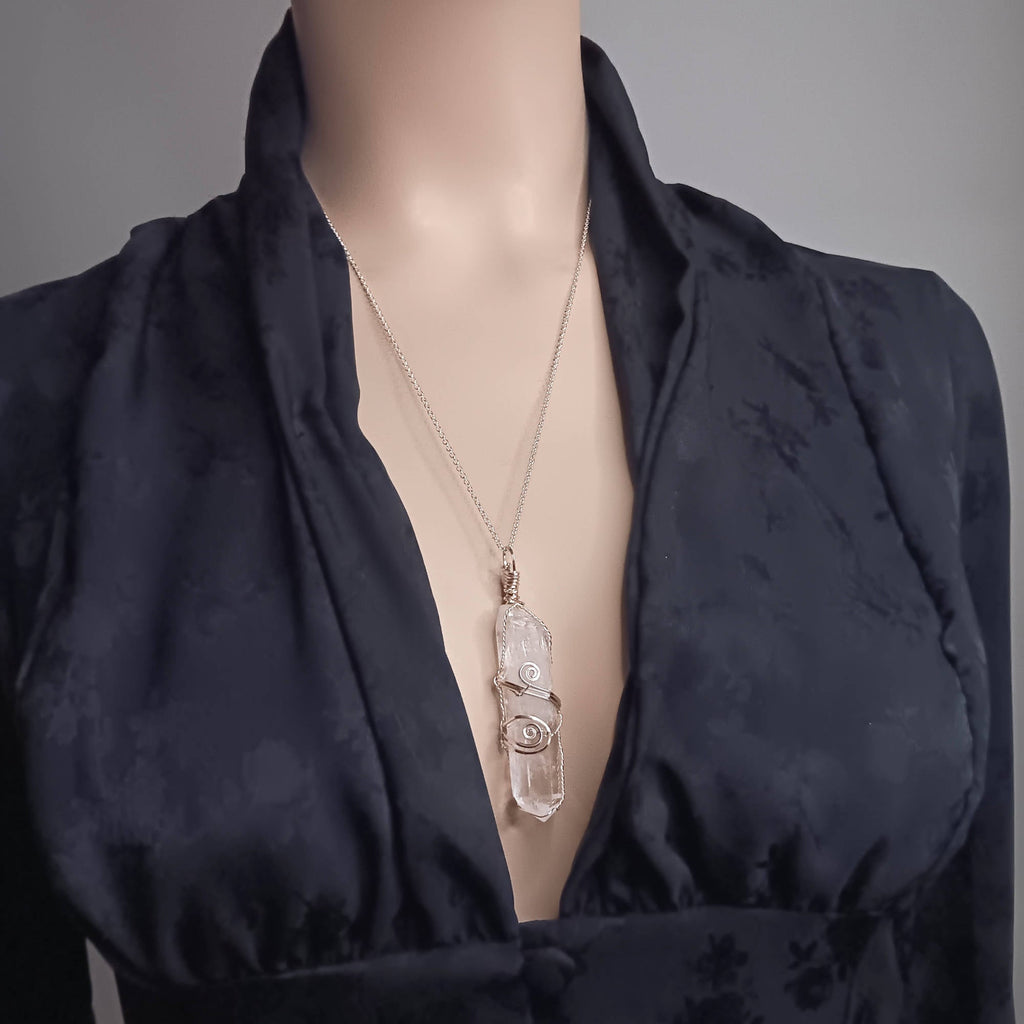 Raw Quartz Crystal Point Pendant – Silver-Plated Wire Wrapped Necklace, Handmade
