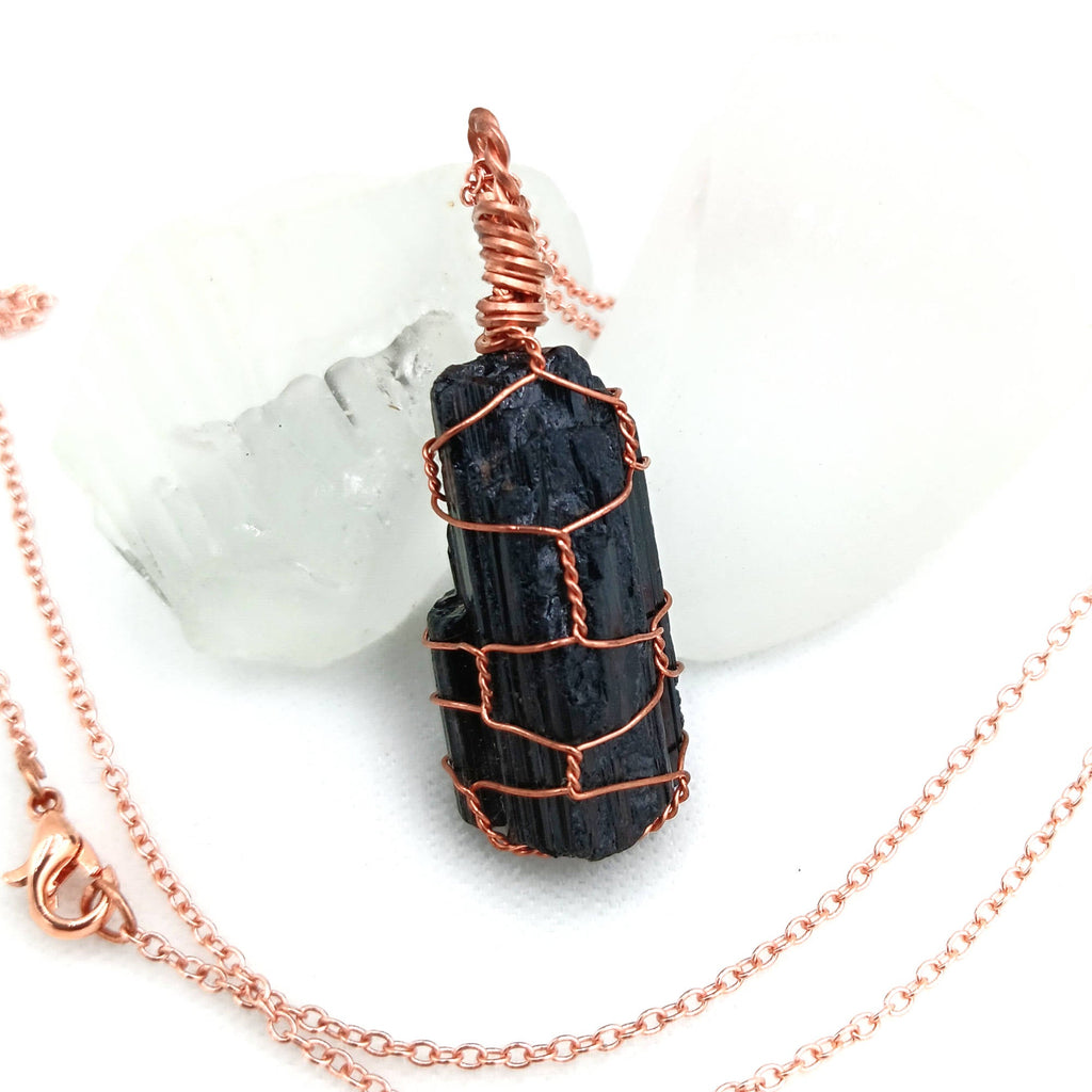 Raw Black Tourmaline Crystal Pendant Necklace, Copper Wire-Wrapped, Handmade