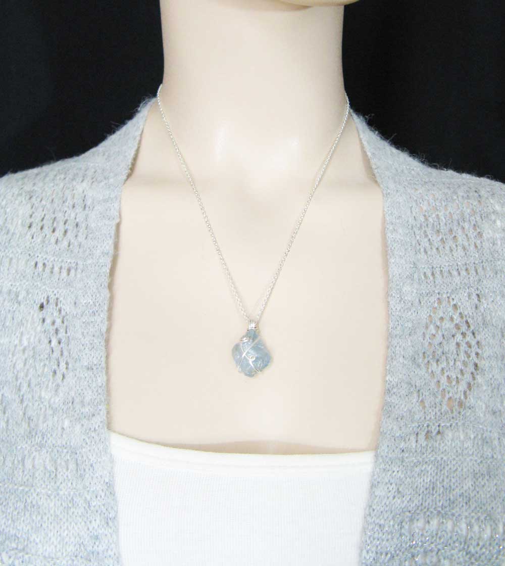 Raw Blue Celestite Crystal Pendant, Silver Wire-Wrapped, Handmade