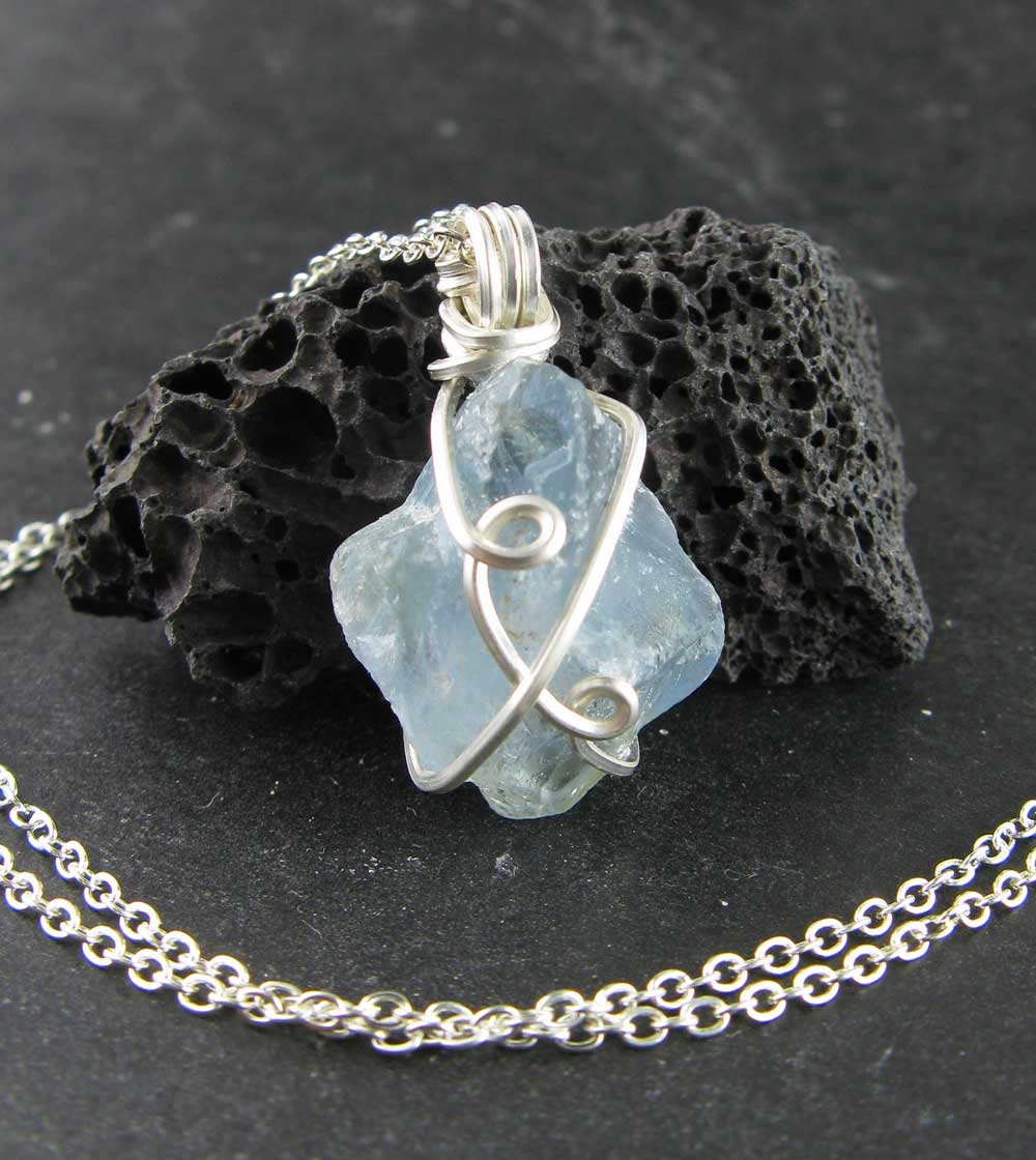 Raw Blue Celestite Crystal Pendant, Silver Wire-Wrapped, Handmade