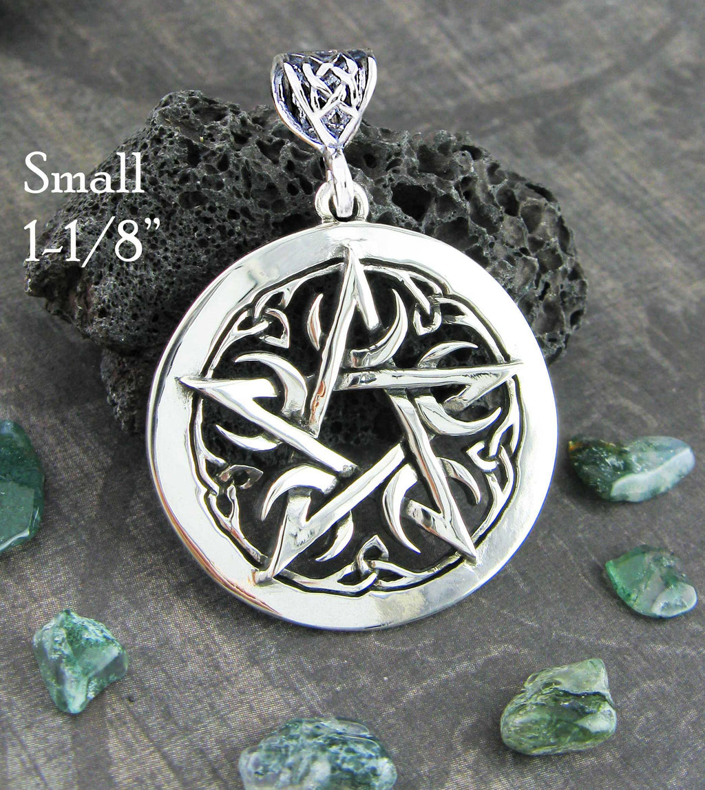 SMALL Crescent Moon Pentacle Pendant, Handmade - 925 Sterling Silver