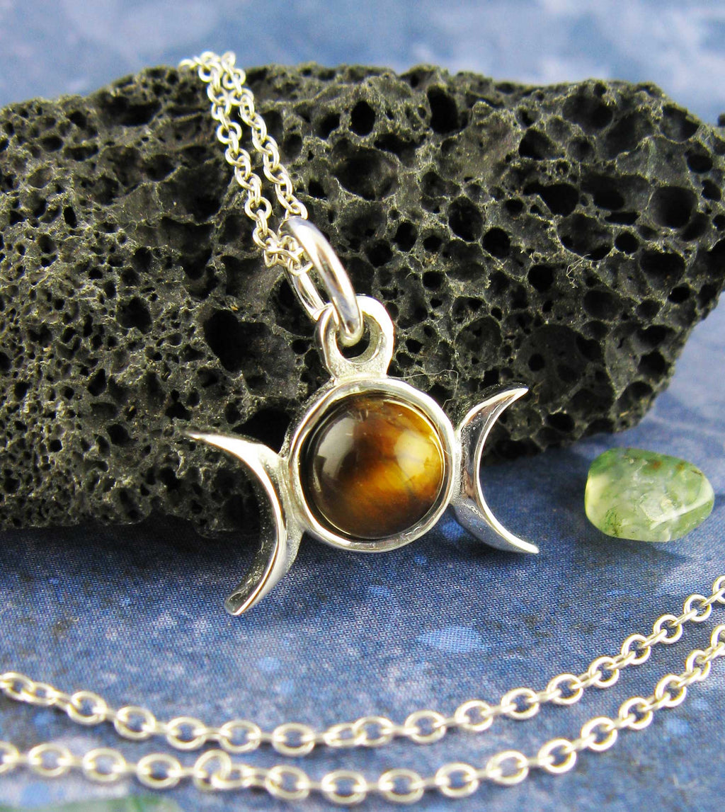 Triple Moon Charm Pendant w/ Gemstone, Handmade - 925 Sterling Silver