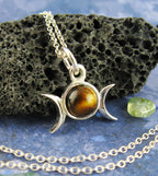 Triple Moon Charm Pendant w/ Gemstone, Handmade - 925 Sterling Silver