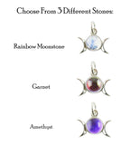 Triple Moon Charm Pendant w/ Gemstone, Handmade - 925 Sterling Silver