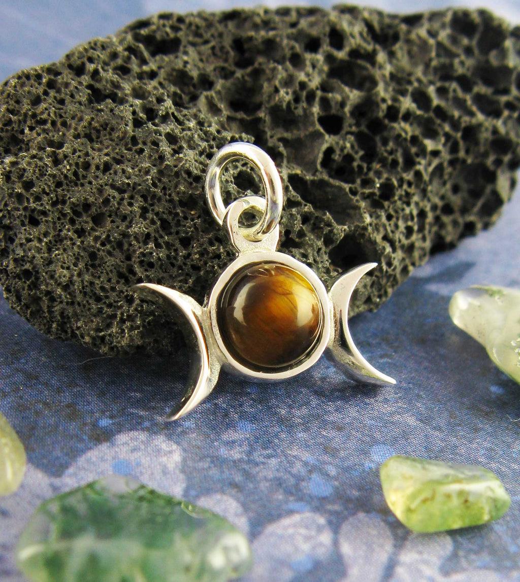 Triple Moon Charm Pendant w/ Gemstone, Handmade - 925 Sterling Silver