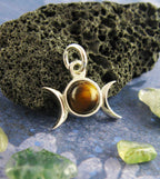 Triple Moon Charm Pendant w/ Gemstone, Handmade - 925 Sterling Silver