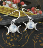 Little Triple Moon Moonstone Drop Earrings, Handmade