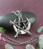 Crescent Moon Bound by Twigs Pentagram Pendant, Handmade
